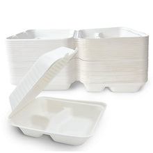 Load image into Gallery viewer, Clamshell Take Out Containers - 100% Natural Bagasse Sugarcane Fiber - Disposable Food Containers with Hinge Lids - Heavy-Duty To Go Boxes for Food - (10&quot; X 10&quot;, 3-Compartment, 50-Pack)
