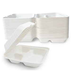 Clamshell Take Out Containers - 100% Natural Bagasse Sugarcane Fiber - Disposable Food Containers with Hinge Lids - Heavy-Duty To Go Boxes for Food - (10" X 10", 3-Compartment, 50-Pack)