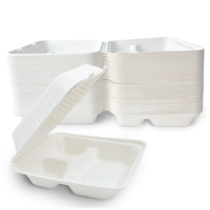 Clamshell Take Out Containers - 100% Natural Bagasse Sugarcane Fiber - Disposable Food Containers with Hinge Lids - Heavy-Duty To Go Boxes for Food - (10