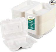 Clamshell Take Out Containers - 100% Natural Bagasse Sugarcane Fiber - Disposable Food Containers with Hinge Lids - Heavy-Duty To Go Boxes for Food - (9