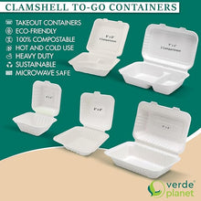 Load image into Gallery viewer, Clamshell Take Out Containers - 100% Natural Bagasse Sugarcane Fiber - Disposable Food Containers with Hinge Lids - Heavy-Duty To Go Boxes for Food - (9&quot; X 6&quot;, 2-Compartment, 50-Pack)