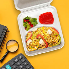 Load image into Gallery viewer, Clamshell Take Out Containers - 100% Natural Bagasse Sugarcane Fiber - Disposable Food Containers with Hinge Lids - Heavy-Duty To Go Boxes for Food - (10&quot; X 10&quot;, 3-Compartment, 50-Pack)
