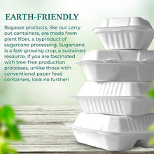 Load image into Gallery viewer, Clamshell Take Out Containers - 100% Natural Bagasse Sugarcane Fiber - Disposable Food Containers with Hinge Lids - Heavy-Duty To Go Boxes for Food - (10&quot; X 10&quot;, 3-Compartment, 50-Pack)