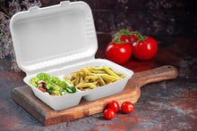 Load image into Gallery viewer, Clamshell Take Out Containers - 100% Natural Bagasse Sugarcane Fiber - Disposable Food Containers with Hinge Lids - Heavy-Duty To Go Boxes for Food - (9&quot; X 6&quot;, 2-Compartment, 50-Pack)