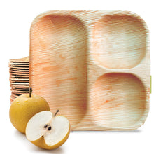 Load image into Gallery viewer, 9&quot; Square 3 Compartment Palm Leaf Plate