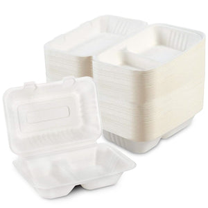 Clamshell Take Out Containers - 100% Natural Bagasse Sugarcane Fiber - Disposable Food Containers with Hinge Lids - Heavy-Duty To Go Boxes for Food - (9" X 6", 2-Compartment, 50-Pack)