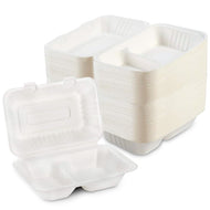 Clamshell Take Out Containers - 100% Natural Bagasse Sugarcane Fiber - Disposable Food Containers with Hinge Lids - Heavy-Duty To Go Boxes for Food - (9